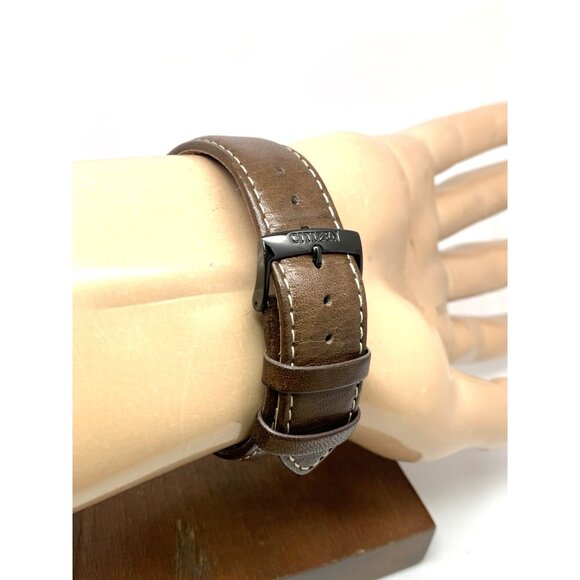 Citizen Men's Watch AO9028-07E Eco-Drive Black Dial Brown Leather Strap 43mm - Picture 11 of 15